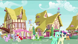 Size: 1920x1080 | Tagged: safe, edit, edited screencap, screencap, character:aquamarine, character:bon bon, character:boysenberry, character:diamond tiara, character:first base, character:lyra heartstrings, character:peach fuzz, character:silver spoon, character:sweetie drops, character:twist, species:earth pony, species:pegasus, species:pony, species:unicorn, episode:the last problem, g4, my little pony: friendship is magic, background pony, blancmange, female, little red, male, mare, older, older aquamarine, older bon bon, older boysenberry, older diamond tiara, older first base, older little red, older lyra heartstrings, older peach fuzz, older silver spoon, older twist, ponyville, removed eyebag edit, stallion