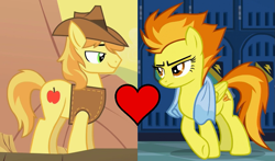 Size: 843x496 | Tagged: safe, edit, edited screencap, screencap, character:braeburn, character:spitfire, species:pony, episode:newbie dash, episode:over a barrel, g4, my little pony: friendship is magic, female, male, shipping, shipping domino, spitburn, straight