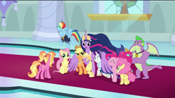 Size: 1920x1080 | Tagged: safe, edit, edited screencap, screencap, character:applejack, character:fluttershy, character:li'l cheese, character:luster dawn, character:pinkie pie, character:rainbow dash, character:rarity, character:spike, character:twilight sparkle, character:twilight sparkle (alicorn), species:alicorn, species:dragon, species:earth pony, species:pegasus, species:pony, species:unicorn, episode:the last problem, g4, my little pony: friendship is magic, cape, carpet, clothing, crossed arms, crown, eyes closed, female, flower, flower in hair, flying, foal, gigachad spike, granny smith's scarf, happy, hug, jacket, jewelry, male, mama pinkie, mane seven, mane six, mare, medallion, older, older applejack, older fluttershy, older mane six, older pinkie pie, older rainbow dash, older rarity, older spike, older twilight, princess twilight 2.0, regalia, removed eyebag edit, smiling, stained glass, throne room, wing hold, winged spike, winghug