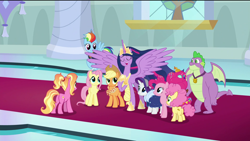 Size: 1920x1080 | Tagged: safe, edit, edited screencap, screencap, character:applejack, character:fluttershy, character:li'l cheese, character:luster dawn, character:pinkie pie, character:rainbow dash, character:rarity, character:spike, character:twilight sparkle, character:twilight sparkle (alicorn), species:alicorn, species:dragon, species:pony, episode:the last problem, g4, my little pony: friendship is magic, cape, clothing, eyes closed, flower, flower in hair, foal, gigachad spike, granny smith's scarf, happy, jacket, mama pinkie, mane seven, mane six, older, older applejack, older fluttershy, older pinkie pie, older rainbow dash, older rarity, older spike, older twilight, princess twilight 2.0, removed eyebag edit, smiling, spread wings, winged spike, wings