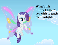 Size: 918x702 | Tagged: safe, edit, edited screencap, screencap, character:rarity, episode:sonic rainboom, g1, g4, my little pony: friendship is magic, cropped, cute, g1 to g4, generation leap, glimmer wings, implied twilight sparkle, raribetes, speech, wings