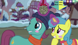 Size: 1280x738 | Tagged: safe, edit, edited screencap, screencap, character:lemon hearts, episode:a hearth's warming tail, g4, my little pony: friendship is magic, arrow, autumn leaf, awwtumn leaf, blushing, captain obvious, clothing, cute, female, hat, hearth's warming decorations, lemonbetes, lemonleaf, male, mistletoe, scarf, shipping, snow, straight, sweater, text