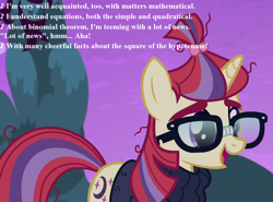 Size: 972x720 | Tagged: safe, edit, edited screencap, screencap, character:moondancer, species:pony, species:unicorn, episode:amending fences, g4, my little pony: friendship is magic, clothing, cropped, cute, dancerbetes, female, gilbert and sullivan, glasses, lyrics, mare, modern major general, song reference, sweater, text, the pirates of penzance