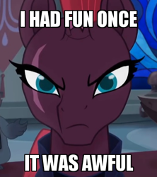 Size: 400x450 | Tagged: safe, edit, edited screencap, screencap, character:grubber, character:tempest shadow, my little pony: the movie (2017), broken horn, caption, cropped, grumpy cat, horn, i had fun once and it was awful, image macro, looking at you, scar, solo focus, text