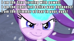 Size: 1280x720 | Tagged: safe, edit, edited screencap, screencap, character:starlight glimmer, species:pony, species:unicorn, episode:the ending of the end, g4, my little pony: friendship is magic, badass, batman, caption, confident, female, fight, glowing horn, horn, image macro, magic, put it on my tab, smiling, smirk, snow, solo, text, windswept mane