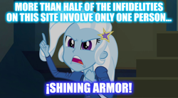 Size: 1280x714 | Tagged: safe, edit, edited screencap, screencap, character:trixie, equestria girls:rainbow rocks, g4, my little pony: equestria girls, my little pony:equestria girls, image macro, implied infidelity, implied shining armor, meme, text, trixie yells at everything