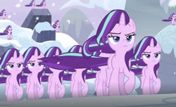 Size: 640x388 | Tagged: safe, edit, edited screencap, screencap, character:starlight glimmer, species:pony, species:unicorn, episode:the ending of the end, g4, my little pony: friendship is magic, multeity, similo duplexis, snow, starlight cluster, starlight glimmer in places she shouldn't be, wind, windswept mane, xk-class end-of-the-world scenario