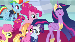 Size: 1920x1080 | Tagged: safe, edit, edited screencap, screencap, character:li'l cheese, character:luster dawn, character:pinkie pie, character:rainbow dash, character:rarity, character:twilight sparkle, character:twilight sparkle (alicorn), species:alicorn, species:earth pony, species:pegasus, species:pony, species:unicorn, episode:the last problem, g4, my little pony: friendship is magic, cape, carpet, clothing, confused, crown, curious, eyes closed, female, flying, foal, happy, jacket, jewelry, mama pinkie, mare, older, older pinkie pie, older rainbow dash, older rarity, older twilight, princess twilight 2.0, regalia, removed eyebag edit, rubber duck, smiling, teddy bear, throne room