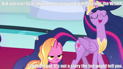 Size: 1280x720 | Tagged: safe, edit, edited screencap, screencap, character:luster dawn, character:twilight sparkle, character:twilight sparkle (alicorn), species:alicorn, species:pony, species:unicorn, episode:the last problem, g4, my little pony: friendship is magic, crossover, exploitable meme, female, luster dawn is not amused, mare, meme, mid-blink screencap, misspelling, older, older twilight, princess twilight 2.0, revenge of the sith, star wars, the tragedy of darth plagueis the wise, twilight 2.0's reminiscences, unamused