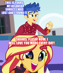 Size: 1196x1392 | Tagged: safe, edit, edited screencap, screencap, character:flash sentry, character:sunset shimmer, ship:flashimmer, episode:cheer you on, episode:wake up!, g4, my little pony: equestria girls, my little pony:equestria girls, spoiler:eqg series (season 2), female, geode of empathy, magical geodes, male, meme, shipping, straight, wake up!: pinkie pie