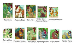 Size: 1194x768 | Tagged: safe, edit, edited screencap, screencap, character:autumn afternoon, character:autumn blaze, character:cinder glow, character:fern flare, character:forest fall, character:maple brown, character:pumpkin smoke, character:rain shine, character:sparkling brook, character:spring glow, character:summer flare, character:winter flame, species:kirin, episode:sounds of silence, g4, my little pony: friendship is magic, background kirin, chart, female, male