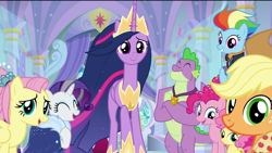Size: 1920x1080 | Tagged: safe, edit, edited screencap, screencap, character:applejack, character:fluttershy, character:li'l cheese, character:pinkie pie, character:rainbow dash, character:rarity, character:spike, character:twilight sparkle, character:twilight sparkle (alicorn), species:alicorn, species:dragon, species:earth pony, species:pegasus, species:pony, species:unicorn, episode:the last problem, g4, my little pony: friendship is magic, cape, clothing, crown, eyes closed, female, foal, gigachad spike, granny smith's scarf, happy, jacket, jewelry, male, mama pinkie, mane seven, mane six, mare, medal, older, older applejack, older fluttershy, older pinkie pie, older rainbow dash, older rarity, older spike, older twilight, princess twilight 2.0, regalia, removed eyebag edit, smiling, throne room, winged spike