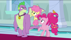 Size: 1920x1080 | Tagged: safe, edit, edited screencap, screencap, character:li'l cheese, character:pinkie pie, character:spike, species:dragon, species:earth pony, species:pony, episode:the last problem, g4, my little pony: friendship is magic, candy, carpet, confetti, female, foal, food, gigachad spike, grabbing, happy, lollipop, male, mama pinkie, mare, medal, older, older pinkie pie, older spike, pillar, playing, raised hoof, removed eyebag edit, rubber duck, smiling, spread wings, stained glass, surprised, throne room, winged spike, wings