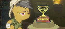 Size: 1480x670 | Tagged: safe, edit, edited screencap, screencap, character:daring do, species:pegasus, species:pony, episode:read it and weep, g4, my little pony: friendship is magic, bandage, clothing, female, hat, mare, pith helmet, solo, trophy, unamused, you tried
