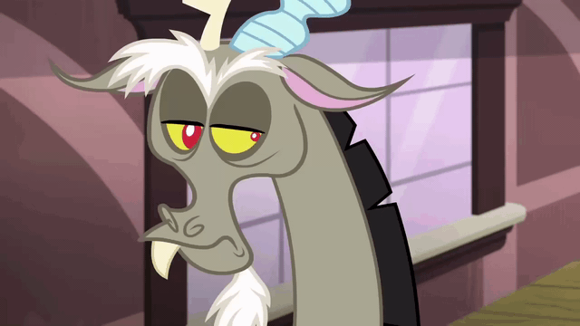 Size: 640x360 | Tagged: safe, edit, edited screencap, screencap, character:discord, species:draconequus, episode:dungeons & discords, animated, caption, discord is not amused, facepalm, gif, image macro, impact font, male, reaction image, sigh, solo, text, unamused