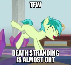 Size: 513x467 | Tagged: safe, edit, edited screencap, screencap, character:sandbar, episode:she's all yak, g4, my little pony: friendship is magic, caption, cropped, cute, death stranding, excited, horses doing horse things, hype, image macro, meme, obligatory pony, sandabetes, text