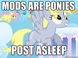 Size: 430x320 | Tagged: safe, edit, edited screencap, screencap, character:derpy hooves, character:fluttershy, character:rainbow dash, species:pony, episode:sonic rainboom, g4, my little pony: friendship is magic, caption, cloud, cloudsdale, cropped, derpy being derpy, exploitable meme, female, flying, grin, image macro, mare, meme, mods are asleep, mods are asleep post ponies, peagsus, quickmeme, smiling, spread wings, text, wings
