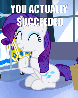 Size: 315x394 | Tagged: safe, edit, edited screencap, screencap, character:rarity, episode:for whom the sweetie belle toils, animated, caption, clapping, cropped, image macro, loop, reaction image, success, text, you did it