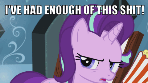 Size: 480x270 | Tagged: safe, edit, edited screencap, screencap, character:starlight glimmer, episode:the crystalling, g4, my little pony: friendship is magic, animated, caption, female, food, image macro, popcorn, reaction image, solo, text, text edit, vulgar