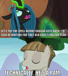 Size: 1160x1304 | Tagged: safe, edit, edited screencap, screencap, character:mudbriar, character:queen chrysalis, species:changeling, species:pony, episode:the ending of the end, episode:the maud couple, g4, my little pony: friendship is magic, bell, caption, changeling queen, correction, female, grogar's bell, image macro, impact font, male, meme, stallion, technically, text