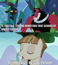 Size: 1264x1428 | Tagged: safe, edit, edited screencap, screencap, character:lord tirek, character:mudbriar, character:queen chrysalis, species:centaur, species:changeling, species:pony, episode:the ending of the end, episode:the maud couple, g4, my little pony: friendship is magic, caption, changeling queen, correction, female, image macro, impact font, male, meme, stallion, technically, text