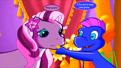 Size: 1097x617 | Tagged: safe, edit, edited screencap, screencap, character:spike (g3), character:wysteria, species:pony, episode:the princess promenade, g3, a princess is in town, dialogue, flower, princess flower, song reference, speech bubble, we don't normally wear clothes