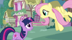 Size: 1280x720 | Tagged: safe, edit, edited screencap, screencap, character:fluttershy, character:twilight sparkle, character:twilight sparkle (unicorn), species:pegasus, species:pony, species:unicorn, episode:stare master, g4, my little pony: friendship is magic, animated, duo, duo female, female, fluttershy's cottage, flying, implied zecora, mare, sound, static, text to speech, webm, youtube link