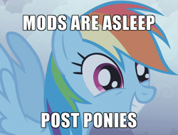 Size: 676x514 | Tagged: safe, edit, edited screencap, screencap, character:rainbow dash, species:pegasus, species:pony, episode:friendship is magic, g4, my little pony: friendship is magic, artifact, caption, cropped, female, image macro, mare, meme, mods are asleep, mods are asleep post ponies, post ponies, smiling, solo, text