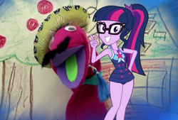 Size: 1017x689 | Tagged: safe, edit, edited screencap, screencap, character:twilight sparkle, episode:make new friends but keep discord, equestria girls:forgotten friendship, g4, my little pony: equestria girls, my little pony: friendship is magic, my little pony:equestria girls, apple, clothing, crack shipping, facial hair, food, glasses, hat, house, moustache, open mouth, puppet, señor huevos, shipping, sombrero, swimsuit, tree, window