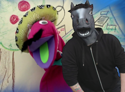 Size: 796x586 | Tagged: safe, edit, edited screencap, screencap, episode:make new friends but keep discord, g4, my little pony: friendship is magic, apple, clothing, crack shipping, facial hair, food, hat, horse head, house, mask, moustache, open mouth, puppet, señor huevos, shipping, sweatshirt, tattoo, timothy packford, tree, window