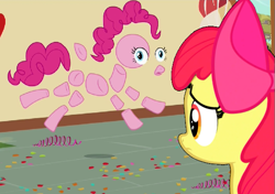 Size: 615x432 | Tagged: safe, edit, edited screencap, screencap, character:apple bloom, character:pinkie pie, species:earth pony, species:pony, episode:the one where pinkie pie knows, g4, my little pony: friendship is magic, bow, concerned, frown, modular, pinkie pieces, sad, sugarcube corner, wide eyes