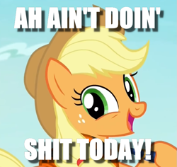 Size: 801x755 | Tagged: safe, edit, edited screencap, screencap, character:applejack, episode:p.p.o.v. (pony point of view), g4, my little pony: friendship is magic, caption, cropped, female, image macro, irrational exuberance, smiling, solo, text, vulgar