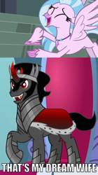 Size: 700x1248 | Tagged: safe, edit, edited screencap, screencap, character:king sombra, character:silverstream, species:hippogriff, species:pony, species:umbrum, episode:school daze, episode:the beginning of the end, g4, my little pony: friendship is magic, caption, eyes closed, fangs, female, image macro, king sombra does love stairs, male, meme, open mouth, raised hoof, shipping, sombrastream, stairs, straight, text, that hippogriff sure does love stairs, that pony sure does love stairs, that's my x