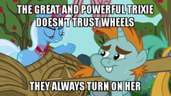 Size: 640x360 | Tagged: safe, edit, edited screencap, screencap, character:snails, character:snips, character:trixie, species:pony, species:unicorn, episode:magic duel, g4, my little pony: friendship is magic, alicorn amulet, amulet, apple, apple tree, bucktooth, bullwhip, caption, chariot, colt, don't trust wheels, eyes closed, female, frown, glowing horn, gritted teeth, harness, horn, image macro, jewelry, joke, levitation, looking back, magic, male, mare, meme, pulling, pun, slavery, sweat, tack, telekinesis, text, that pony sure does hate wheels, tired, tree, trixie yells at everything, whip, whipping