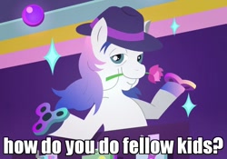 Size: 905x635 | Tagged: safe, edit, edited screencap, screencap, equestria girls:holidays unwrapped, g4, my little pony: equestria girls, my little pony:equestria girls, spoiler:eqg series (season 2), caption, clothing, cropped, fedora, fidget spinner, flower, flower in mouth, hat, how do you do fellow kids, image macro, m'lady, mouth hold, spoiler, text