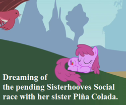Size: 378x315 | Tagged: safe, edit, edited screencap, screencap, character:berry punch, character:berryshine, species:bird, episode:dragonshy, g4, my little pony: friendship is magic, berrybetes, caption, cropped, cute, house finch, image macro, implied piña colada, sleeping, text, tree