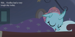 Size: 864x432 | Tagged: safe, edit, edited screencap, screencap, character:ocellus, species:changedling, species:changeling, species:reformed changeling, episode:2-4-6 greaaat, bed, blanket, caption, cropped, cuddly, cute, cuteling, dawwww, diaocelles, female, image macro, pillow, sleeping, snuggling, solo, text, weapons-grade cute