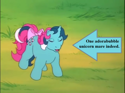 Size: 772x577 | Tagged: safe, edit, edited screencap, screencap, character:fizzy, episode:the magic coins, g1, my little pony 'n friends, arrow, bow, captain obvious, cute, fizzybetes, pun, solo, tail bow, text