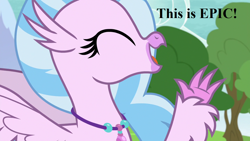 Size: 1280x720 | Tagged: safe, edit, edited screencap, screencap, character:silverstream, episode:non-compete clause, g4, my little pony: friendship is magic, caption, cute, diastreamies, image macro, jewelry, necklace, reaction image, speech, text, tree