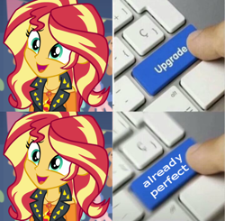 Size: 720x707 | Tagged: safe, edit, edited screencap, screencap, character:sunset shimmer, equestria girls:friendship games, equestria girls:rollercoaster of friendship, g4, my little pony: equestria girls, my little pony:equestria girls, cropped, cute, female, geode of empathy, head tilt, jewelry, keyboard, magic, magical geodes, meme, necklace, shimmerbetes, smiling, solo, telekinesis, text, upgrade, upgrade meme, when she smiles