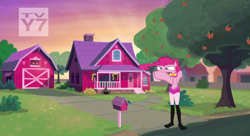 Size: 2560x1396 | Tagged: safe, edit, edited screencap, screencap, character:pinkie pie, my little pony:equestria girls, apple, applejack's house, barn, boots, bush, chimney, clothing, cursed image, door, driveway, every day we stray further from god's light, female, food, garage, god is dead, human legs, mailbox, mutant, not salmon, shoes, sky, street, swimsuit, this is why aliens won't talk to us, tree, tv rating, tv-y7, wat, why, window