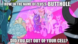 Size: 1366x768 | Tagged: safe, edit, edited screencap, screencap, character:applejack, character:cozy glow, character:discord, character:fluttershy, character:lord tirek, character:pinkie pie, character:princess celestia, character:princess luna, character:queen chrysalis, character:rainbow dash, character:rarity, character:spike, character:twilight sparkle, character:twilight sparkle (alicorn), species:alicorn, species:centaur, species:changeling, species:draconequus, species:dragon, species:earth pony, species:pegasus, species:pony, species:unicorn, episode:the ending of the end, g4, my little pony: friendship is magic, angry, bow, caption, carpet, changeling queen, crown, dialogue, female, force field, hair bow, image macro, jewelry, magic, mane six, mare, movie reference, nicolas cage, quote, regalia, text, the rock (movie)