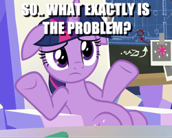 Size: 1349x1077 | Tagged: safe, edit, edited screencap, screencap, character:twilight sparkle, character:twilight sparkle (alicorn), species:alicorn, species:pony, episode:sparkle's seven, g4, my little pony: friendship is magic, caption, cropped, female, floppy ears, image macro, meme, question, shrug, sitting, slouching, solo, text, throne, written equestrian