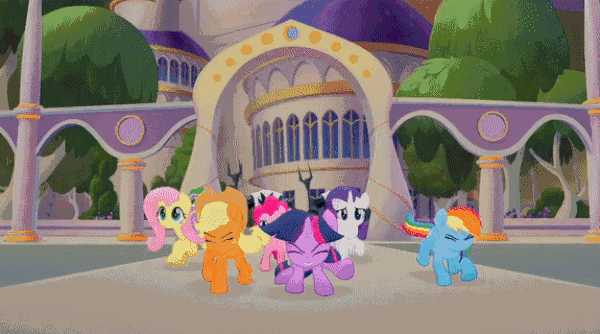 Size: 600x334 | Tagged: safe, edit, edited screencap, screencap, character:applejack, character:fluttershy, character:pinkie pie, character:rainbow dash, character:rarity, character:twilight sparkle, character:twilight sparkle (alicorn), species:alicorn, species:earth pony, species:pegasus, species:pony, species:unicorn, my little pony: the movie (2017), absurd file size, absurd gif size, animated, female, gif, growth, male, mane six, mane six encounter villains, mare, muscle growth, muscles, storm guard, the wild, wildebeest