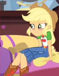 Size: 700x900 | Tagged: safe, edit, edited screencap, screencap, character:applejack, equestria girls:holidays unwrapped, g4, my little pony: equestria girls, my little pony:equestria girls, spoiler:eqg series (season 2), applejack's hat, bags under eyes, belt, blizzard or bust, boots, clothing, cowboy hat, cropped, cushion, denim skirt, drawer, eye bag, female, geode of super strength, hat, magical geodes, miniskirt, pillow, raglan shirt, shirt, shoes, sitting, skirt, solo, stetson, t-shirt, tired