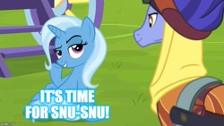 Size: 800x450 | Tagged: safe, edit, edited screencap, screencap, character:hoo'far, character:trixie, species:pony, ship:trixfar, episode:on the road to friendship, caption, female, image macro, implied sex, male, meme, shipping, snu-snu, straight, text, trixie yells at everything