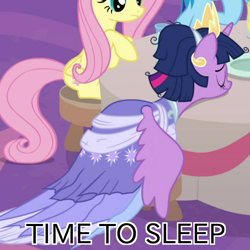 Size: 700x700 | Tagged: safe, edit, edited screencap, screencap, character:fluttershy, character:rainbow dash, character:twilight sparkle, character:twilight sparkle (alicorn), species:alicorn, species:pony, episode:the last problem, g4, my little pony: friendship is magic, caption, cropped, crown, jewelry, regalia, second coronation dress