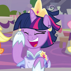 Size: 700x700 | Tagged: safe, edit, edited screencap, screencap, character:twilight sparkle, character:twilight sparkle (alicorn), species:alicorn, species:pony, episode:the last problem, g4, my little pony: friendship is magic, cropped, crown, female, jewelry, laughing, regalia, second coronation dress, solo