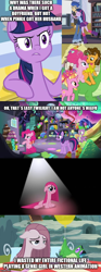 Size: 500x1343 | Tagged: safe, edit, edited screencap, screencap, character:cheese sandwich, character:flash sentry, character:gummy, character:luster dawn, character:pinkamena diane pie, character:pinkie pie, character:twilight sparkle, character:twilight sparkle (alicorn), species:alicorn, species:pony, episode:party of one, episode:the last problem, episode:yakity-sax, g4, my little pony: friendship is magic, my little pony:equestria girls, caption, comic, depressed, image macro, screencap comic, text