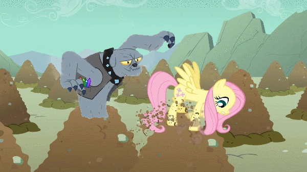 Size: 600x337 | Tagged: safe, edit, edited screencap, screencap, character:fido, character:fluttershy, species:diamond dog, species:pegasus, species:pony, episode:a dog and pony show, g4, my little pony: friendship is magic, animated, digging, female, flying, gif, implied death, itchy and scratchy, male, mare, meme, pile, poochie, simpsons did it, text, the simpsons, tv reference
